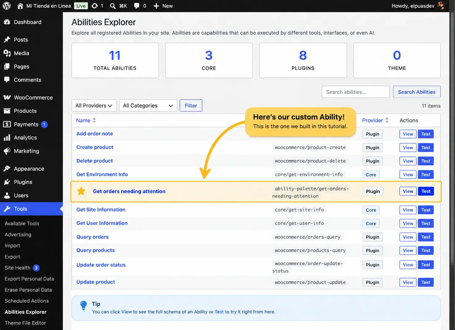 The custom ability-palette/get-orders-needing-attention Ability highlighted in Abilities Explorer.