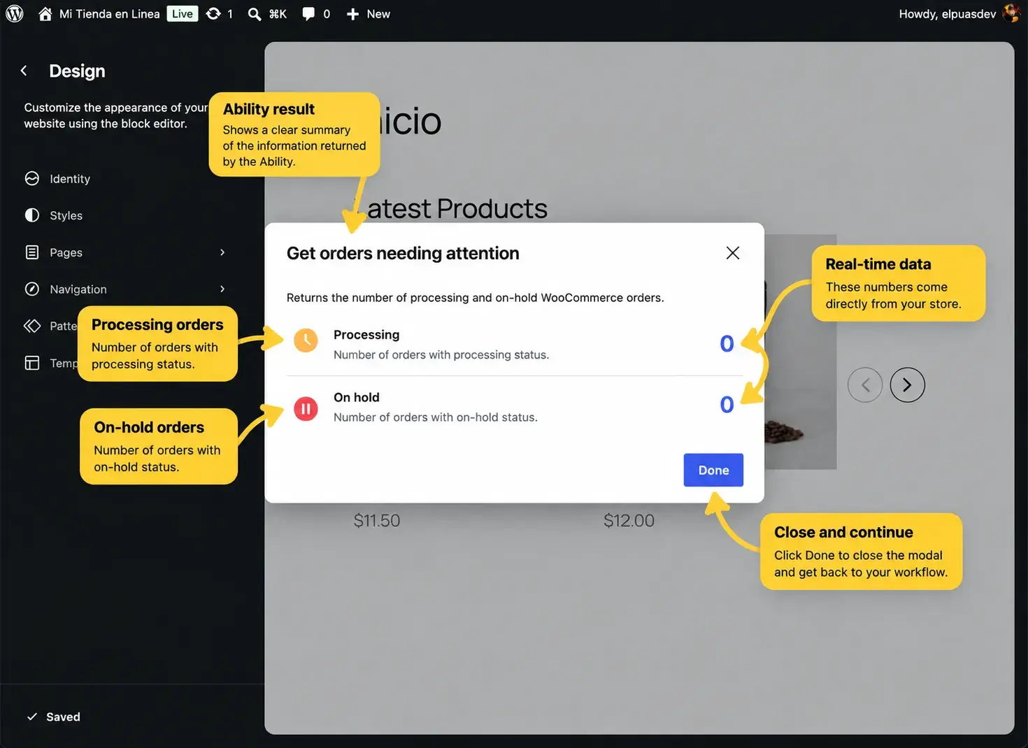 Ability result modal showing Processing and On hold order counts, both at zero.