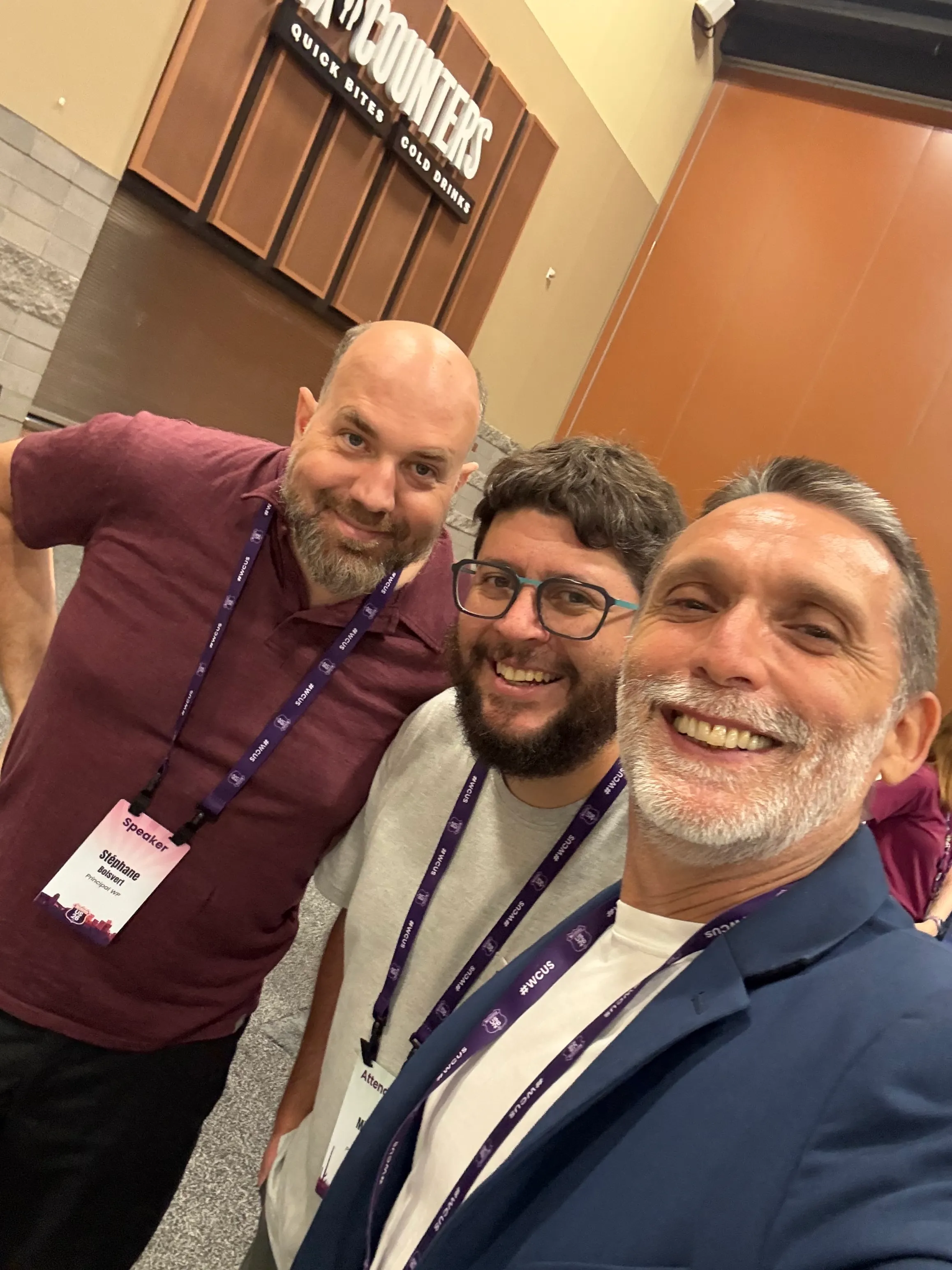 Stéphane Boisvert, Micael Arce Muñoz, and Alfredo Navas together at WordCamp US 2026.